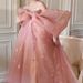 Blush Pink Off-Shoulder Chiffon Dress With Bow Accents, Ethereal Bridal Robe For Engagement Party & Birthday Celebration_ecoleips.com