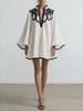 Freeacy Hollowed V-neck Mini Dress For Women Flared Sleeves A-line Pleated Dress 2026 Stylish Contrast Trims Elegant Party Dress_ecoleips.com