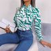 Real Shot Of 2026 Spring/Summer Elegant Color-blocked Striped Tie-waist Lantern Sleeve Chiffon Blouse. Independent_ecoleips.com