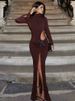 Mozision Turtleneck Long Sleeve Sexy Maxi Dress For Women Fashion Solid Hollow Out Thigh High Split Bodycon Elegant Club Dress_ecoleips.com