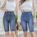 Women's Stretchy Denim-Look Bermuda Shorts - High Waist Slimming Casual Capri Pants With Distressed Detail (Multiple Colors)_ecoleips.com