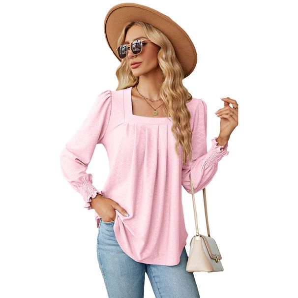 2025 Autumn And Winter New Jacquard Pleated Square Neck Long Sleeved Tailcoat Solid Color T-shirt For Women_ecoleips.com