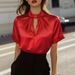 Independent Women's Slim Fit Solid Color Satin Short Sleeve Shirt Casual Comfortable Blouse_ecoleips.com