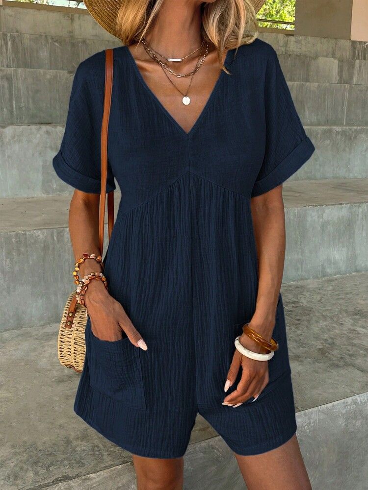 Summer Solid Color V Neck Jumpsuit For Women With Batwing Sleeves Pockets And Zipper Loose Fit American Fashion Short Sleeve_ecoleips.com