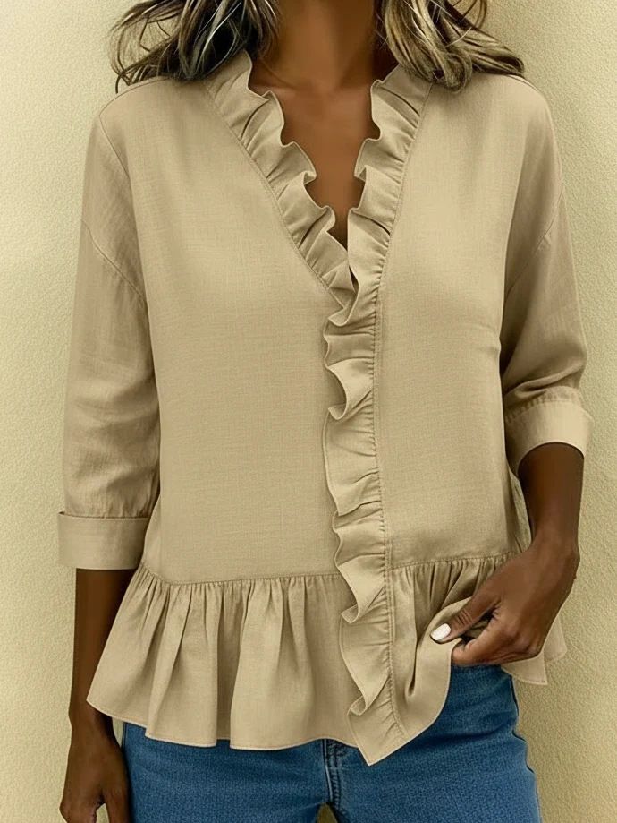 Women's Long Sleeved Ruffled Blouse Casual Polyester Spring Summer Regular Fit Single Breasted Blouse_ecoleips.com