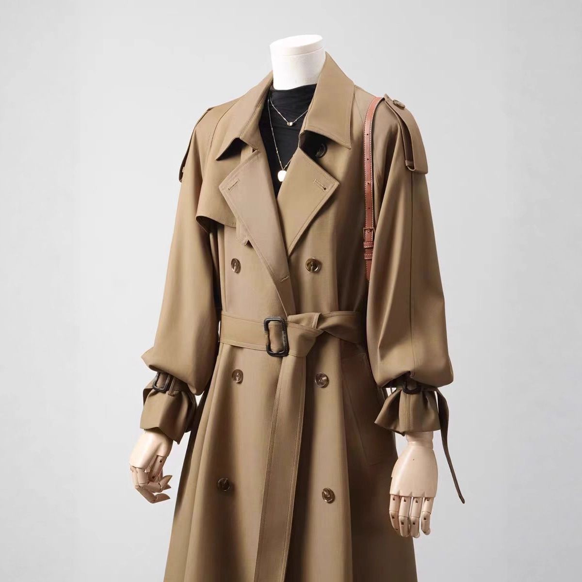 ng2510292 Spring And Autumn 2026 New Classic Turn-down Collar Waist-tied Belted In Khaki Color, Mid-length Trench Coat For Women_ecoleips.com