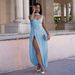 Elegant Split-Thigh Dress With Flowing Tie Details - Stretchy Four-Way Knit Fabric, Sleeveless Bodycon Midi Set_ecoleips.com
