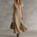 Spring/Summer Long Dress Casual Cotton Linen Fashionable Button Detail Short Sleeve American Style Wholesale_ecoleips.com