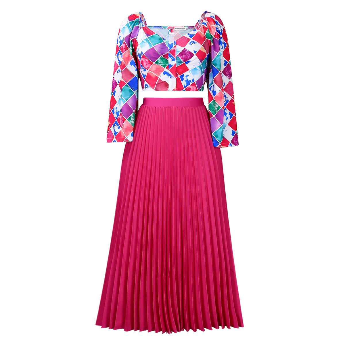 Women's Clothing women's summer new fashion V neck printed top pleated long skirt two piece suit_ecoleips.com