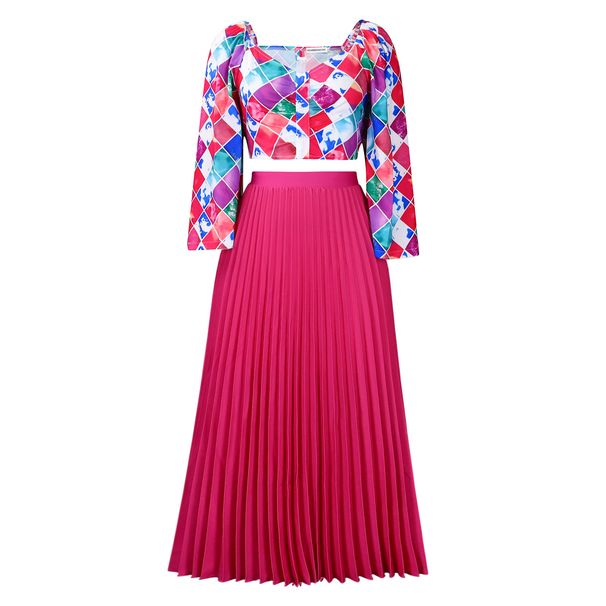 Women's Clothing women's summer new fashion V neck printed top pleated long skirt two piece suit_ecoleips.com