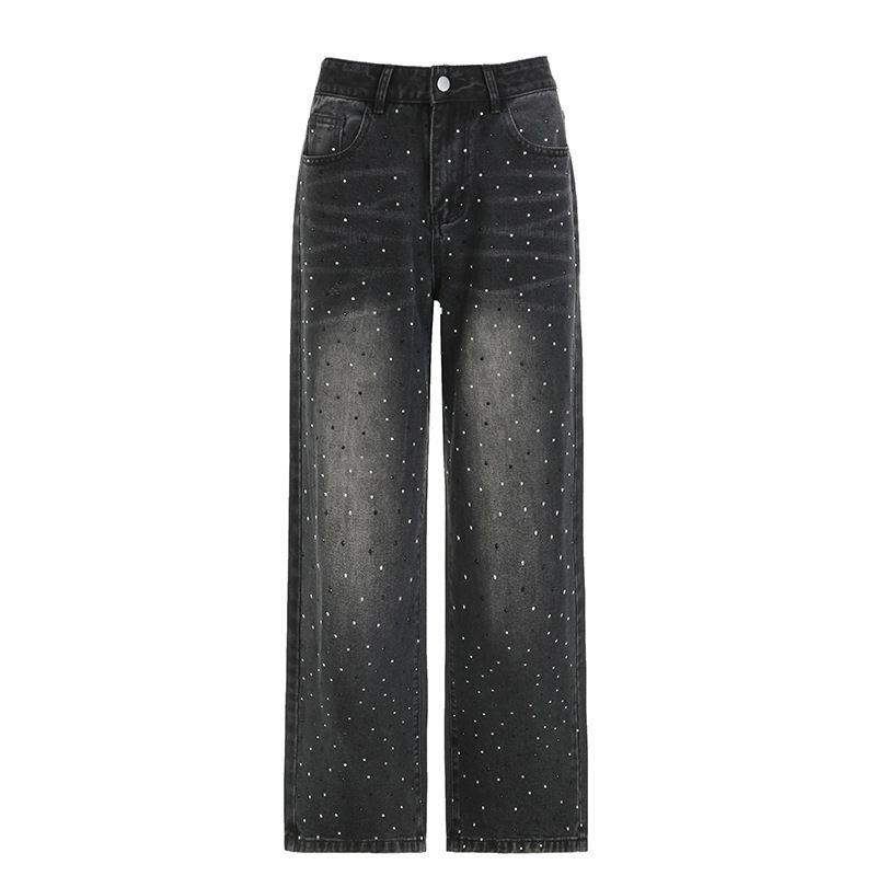 Women's Straight Jeans Street Style Basic Washed Gradient Color Glitter Hot Diamond Wide Leg Slimming Fit Denim_ecoleips.com