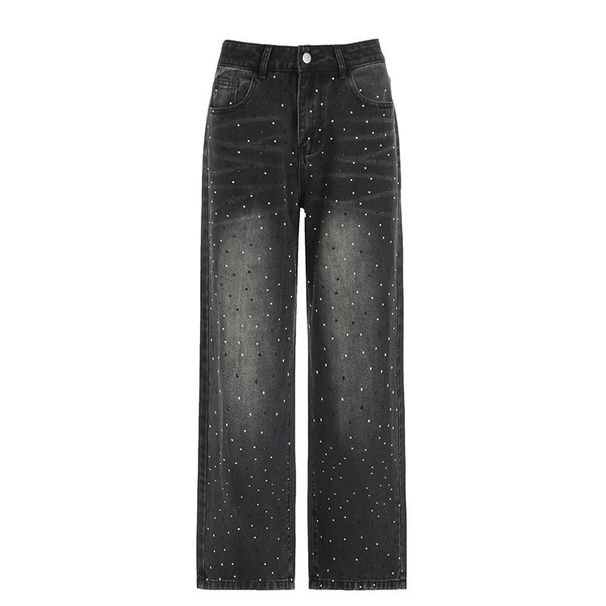Women's Straight Jeans Street Style Basic Washed Gradient Color Glitter Hot Diamond Wide Leg Slimming Fit Denim_ecoleips.com
