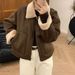 Women's Clothing Thickened Fleece Collar Jacket Women's Winter Short Bomber Coat Cozy Faux Shearling Zip-Up Outerwear (Brown, Khaki)_ecoleips.com