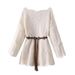 New Women's Clothing Knit Sweater Hollow Out Long Sleeve Loose Fit Stylish Youthful Belted Waist Slimming Outerwear Top_ecoleips.com