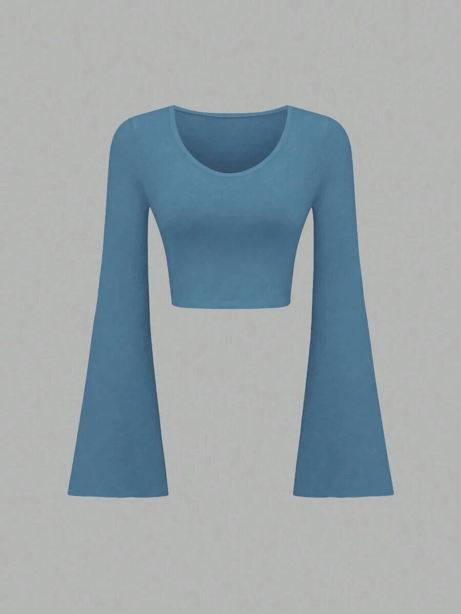 Women's Clothing Fashion Solid Color Round Neck Trumpet Sleeve Short Slim Fit T Shirt_ecoleips.com
