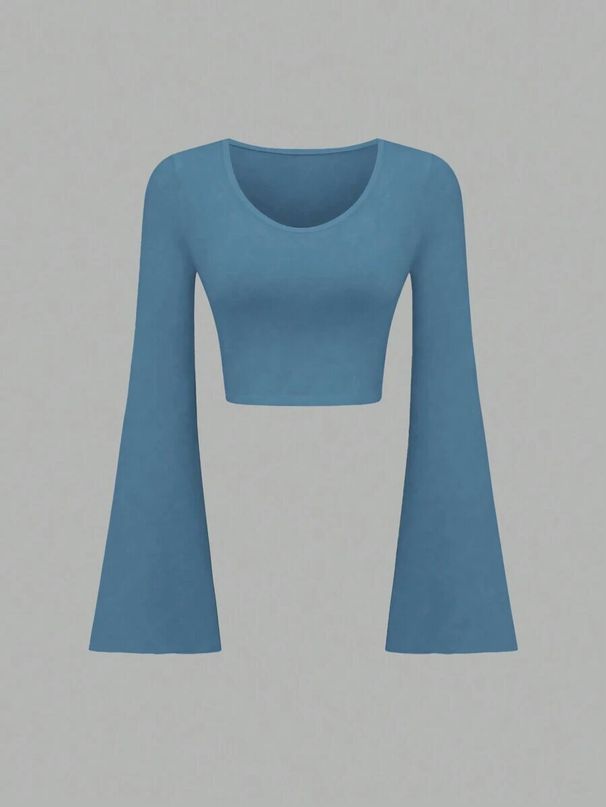 Women's Clothing Fashion Solid Color Round Neck Trumpet Sleeve Short Slim Fit T Shirt_ecoleips.com