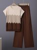 K Gradient Contrasting Design, Loose Round Neck Sleeveless Knit Shirt+high Waist Solid Color Wide Leg Pants Set_ecoleips.com