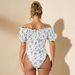 Voya Women's New One Shoulder Floral Bubble Sleeve Jumpsuit With Square Collar And Tie Up Slim Fit Top T-shirt_ecoleips.com