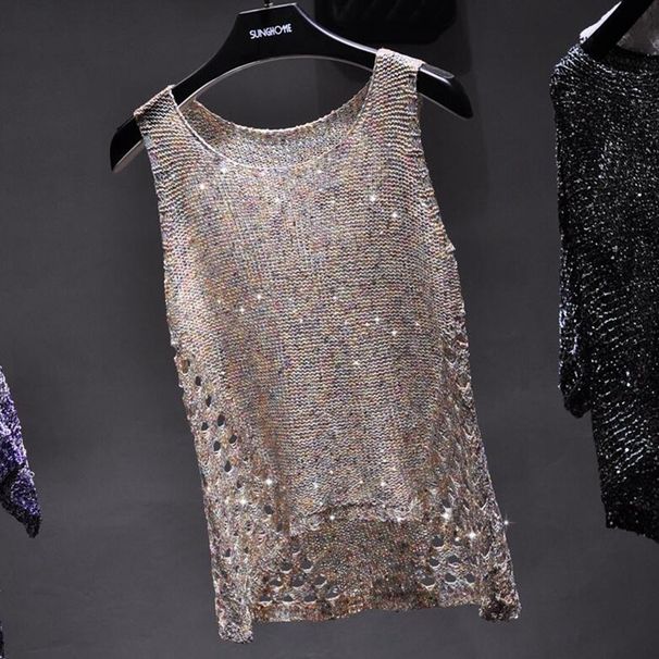 BINGBING Sequin Beaded Sleeveless Top – Sheer Knit Mesh T-Shirt (Camouflage/White/Black) | Glamorous & Trendy_ecoleips.com