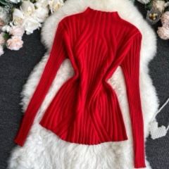 Korean-Style Semi-Turtle Neck Slim Fit Knit Top – Women’s Long Sleeve Stretchable Pullover In Rayon Blend (12 Colors)_ecoleips.com