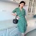 2021 Summer New For Women, V-neck Slim Fit Floral Short Sleeve Mid-length Wrap Long Dress_ecoleips.com