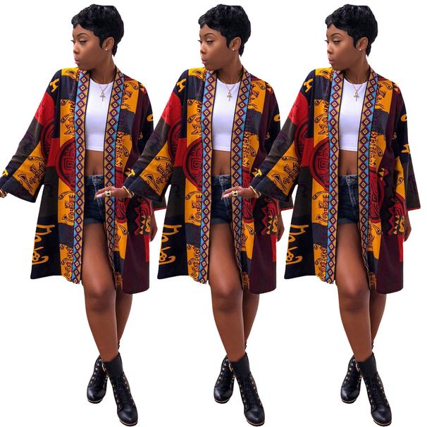 Women's Clothing Totem Print Long Sleeve Trench Coat Casual Style Sexy Fashion Outerwear For Ladies Spring Autumn_ecoleips.com