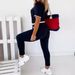 Women's Clothing Casual Contrast Color Round Neck Short Sleeved T Shirt With Slim Elastic Waist Trousers_ecoleips.com
