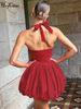 Hugcitar 2025 Elegant Women Sexy Slim Dress Red Halter Backless Bandage Pleated Mini Dresses Evening Party Birthday Festival Y2K_ecoleips.com