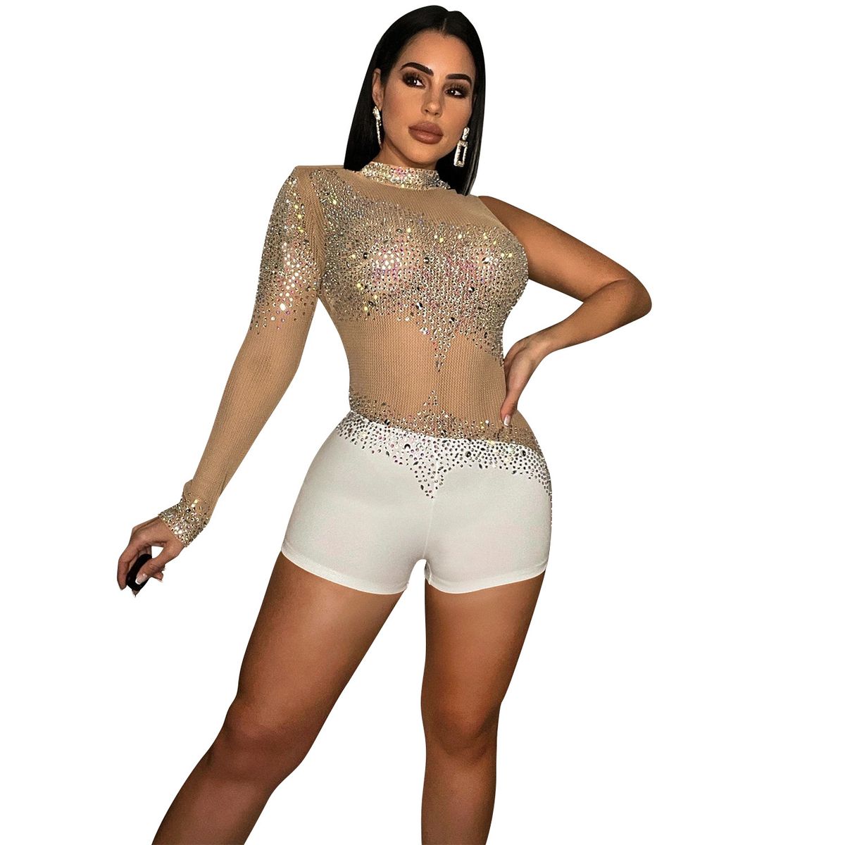 Women's Clothing fashion sexy tight nightclub single-sleeved mesh see-through jumpsuit for women_ecoleips.com