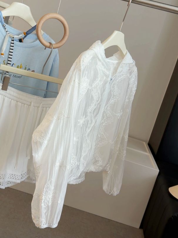 Women's White Lace Embroidered Hooded Cardigan Sun Protection Loose Fit Chic Stylish Outerwear_ecoleips.com