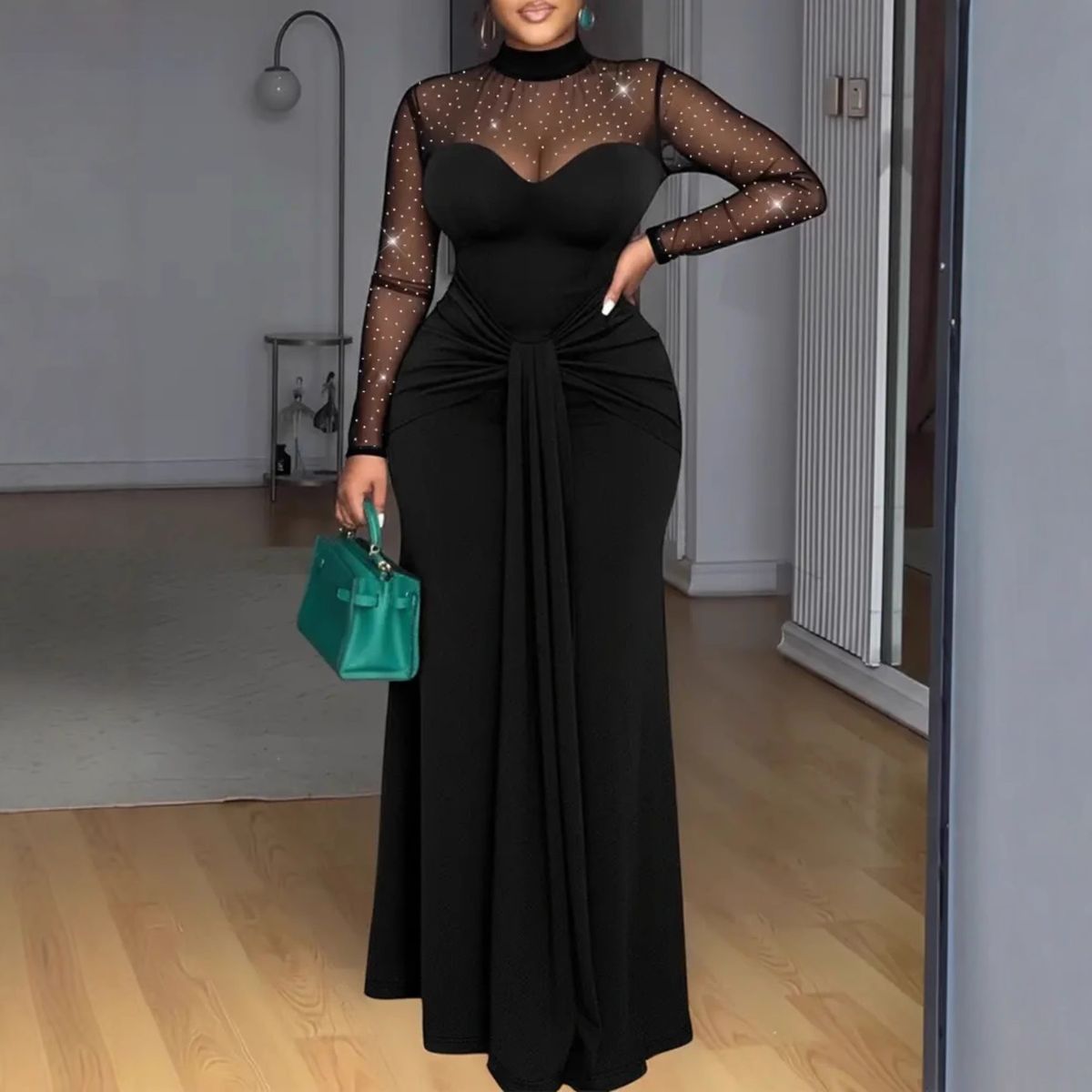 Elegant High-Neck Fishtail Dress With Sheer Mesh Panels & Bodycon Fit – Sexy Slimming Evening Gown For Women_ecoleips.com