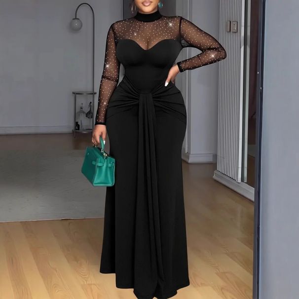 Elegant High-Neck Fishtail Dress With Sheer Mesh Panels & Bodycon Fit – Sexy Slimming Evening Gown For Women_ecoleips.com