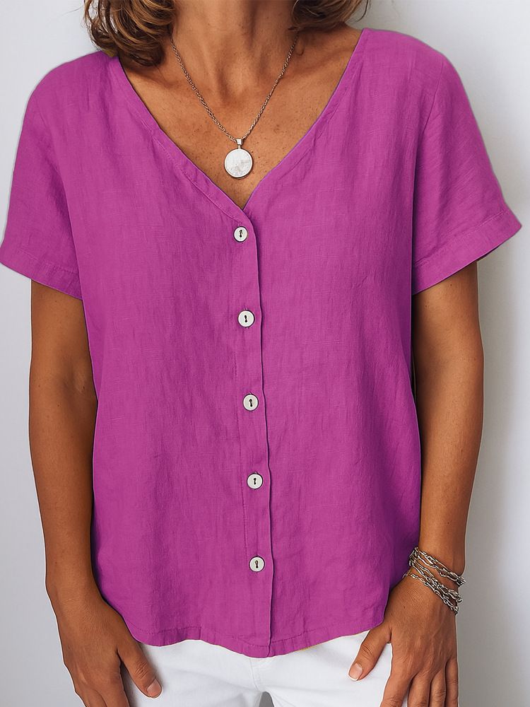Women's Clothing Casual Short Sleeve V Neck Cardigan Multicolor Shirt_ecoleips.com