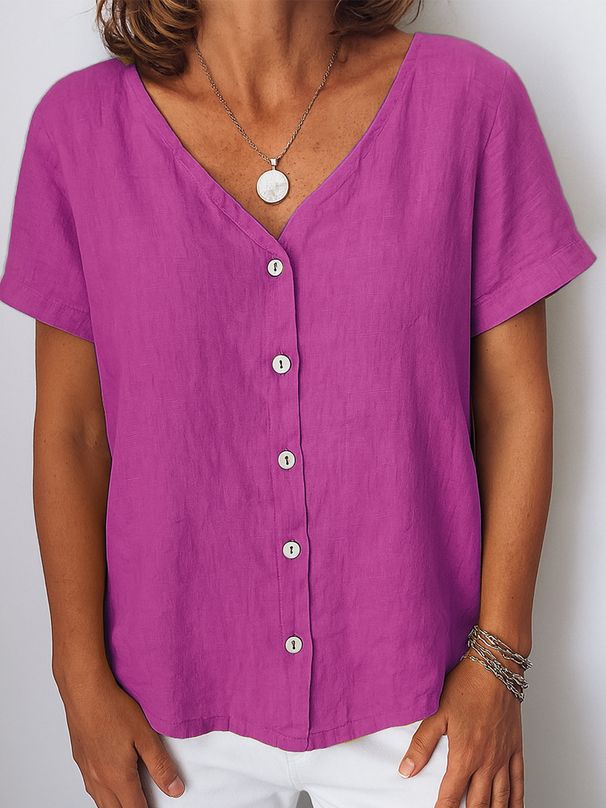 Women's Clothing Casual Short Sleeve V Neck Cardigan Multicolor Shirt_ecoleips.com