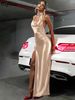 Hugcitar Elegant Halter Solid Sleeveless Ruched Slit Sexy Slim Maxi Prom Dress 2025 Spring Women Clothes Evening Party Festival_ecoleips.com