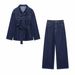 Women's Fashionable Trendy Denim Jacket Set European American Style Best Selling With Belt Lapel Versatile Clothing_ecoleips.com