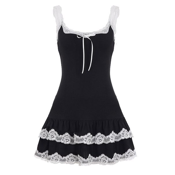 European And American Y2K Lace Splicing A-line Camisole Dress, New Sweet Girly Style Slim-fit Short Dress_ecoleips.com