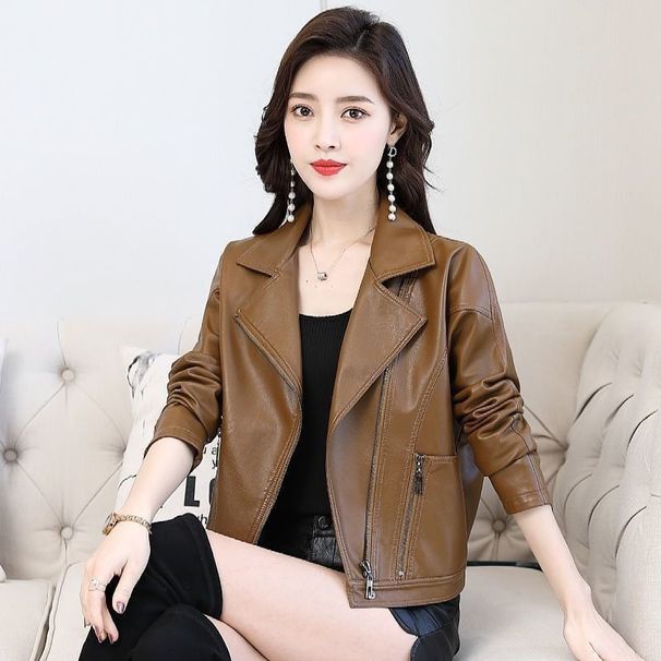 Aria Basics Haining PU Short Jacket For Women, 2025 Autumn And Winter Style, Fleece-lined Leather Jacket, Versatile, Stylish,_ecoleips.com