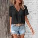 Verve Summer Casual Vacation Hot Sale Lace Decor V-neck Solid Color Women's Shirt_ecoleips.com