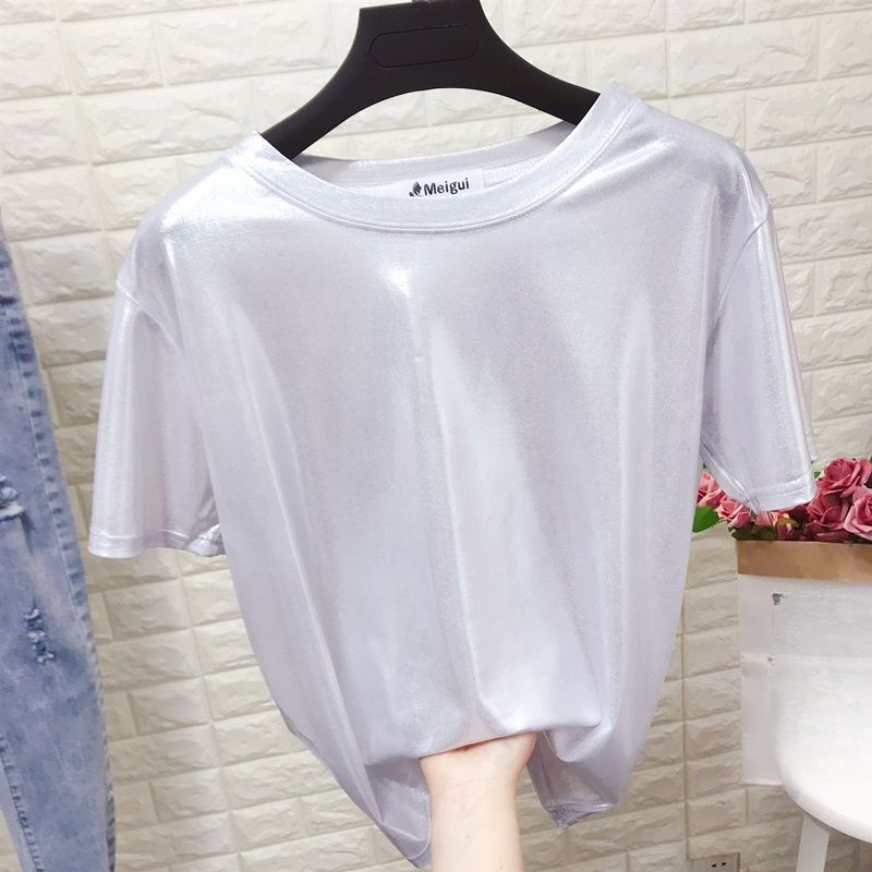 Crew Neck Pearlescent Glossy Short-sleeved T-shirt Women's Ins Trendy Glittering Reflective Loose Performance Clothing Top_ecoleips.com