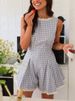 K New Fashionable Women's Plaid Waist Cinched Stand Up Collar Short Sleeveless Jumpsuit_ecoleips.com