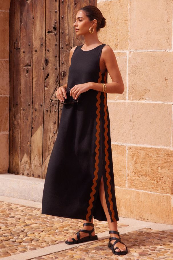 2025 Spring/Summer New Casual Fashion Sleeveless Round Neck Solid Color Patchwork Lace Split Mid-Length Dress For Women_ecoleips.com