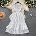 French Style Gentle A-Line Long Dress Korean Summer Elegant Waist Cinching Short Sleeved Lace Trimmed Women's Clothing_ecoleips.com