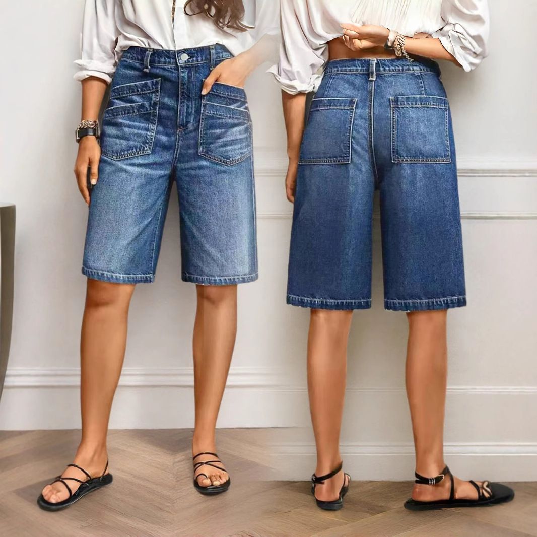 Women's Retro Distressed Mid-Rise Straight Leg Jeans Water Wash Stretch Cross Border Trade Shorts from Europe & America_ecoleips.com