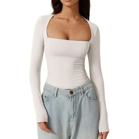 Women's Square Collar Shirt Autumn Top Long Sleeve T-Shirt Slim Pullover Milk Silk T-Shirt_ecoleips.com