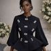 Elegant Women’s Spring/Autumn Jacket – Embellished Bouclé Top With Lantern Sleeves & Waist Tie, Chic & Versatile_ecoleips.com