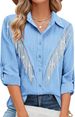 Elegant Fringe Detail Long Sleeve Shirt For Women – Stylish Solid Color Office & Casual Blouse With Classic Collar_ecoleips.com