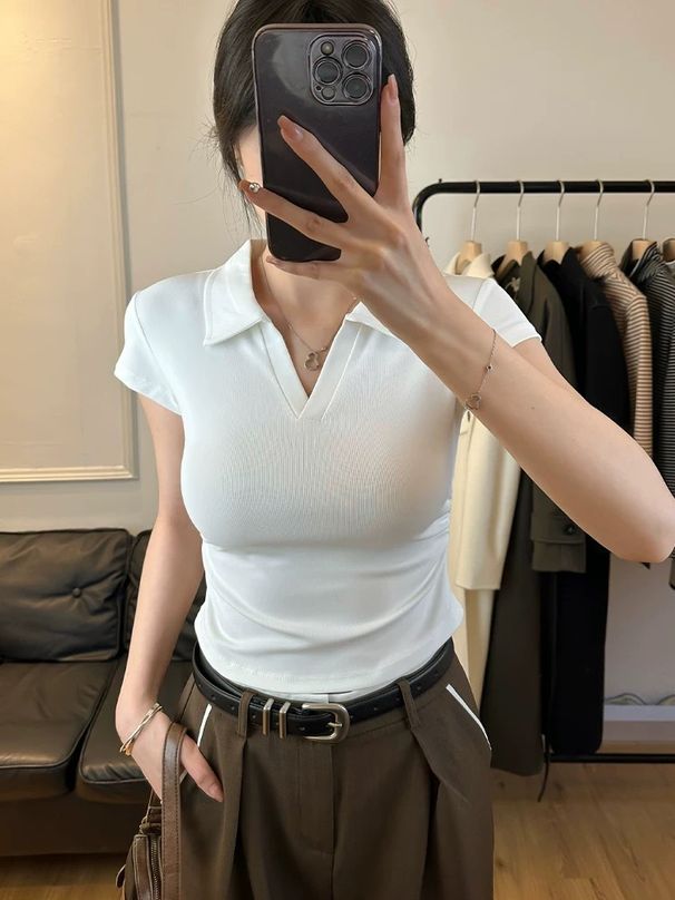 Cotton Summer Sexy Women's T Shirt Skinny Slim Basic Solid Crop Top Short Sleeve Polo TShirtCasual Top Tee For Women_ecoleips.com