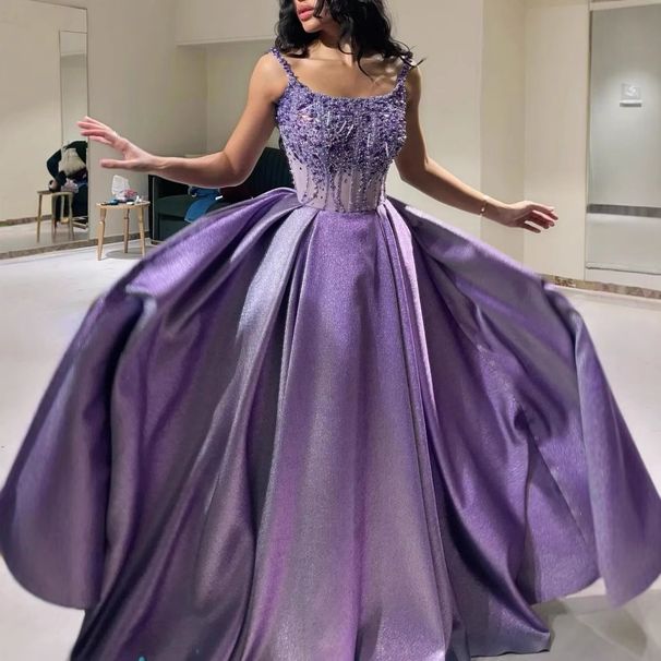 Women's Clothing Purple Beads Sparkling Evening Dress With Straps, Gorgeous Swing, Slimming And Elegant Dress_ecoleips.com