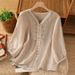 Artistic Vintage Cotton-Linen Embroidery Design Half-Sleeve Top Summer V-Neck Versatile Loose Belly-Covering T-Shirt For_ecoleips.com
